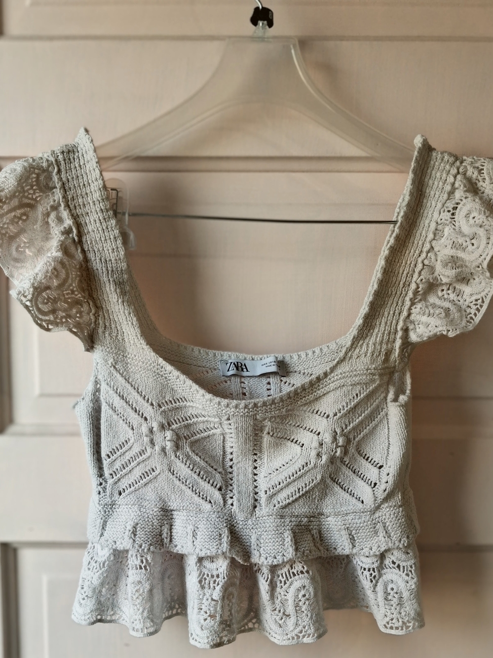 Zara Cream Crochet Knit Ruffle-Sleeve Crop Top
